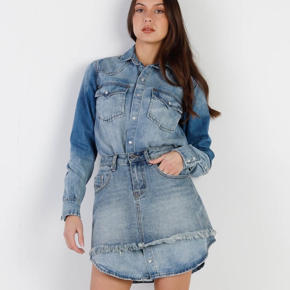 Light Denim Cotton Button Up Long Shirt & Mini Skirt Set